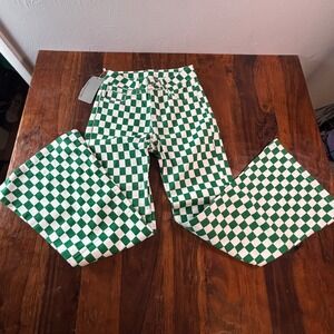 Fashion Green White Checkered Flare Jeans High Waisted Wide Leg Size 2 NEW